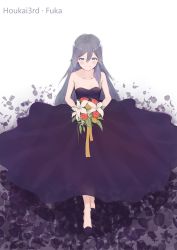 Rule 34 | 1girl, bare shoulders, blue eyes, blush, bouquet, character name, circle skirt, commentary request, copyright name, dress, flower, fu hua, hair between eyes, highres, honkai (series), honkai impact 3rd, jilu, long dress, long hair, looking at viewer, petals, purple dress, smile, solo, strapless, strapless dress, walking