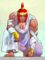 Rule 34 | 1girl, alternate costume, bandaged arm, bandages, barefoot, biceps, bracer, breasts, cleavage, clenched hand, commentary, dark-skinned female, dark skin, deltoids, dress, english commentary, forehead protector, full body, looking at viewer, makeup, marisa (street fighter), mascara, medium breasts, mismatched eyebrows, mohawk, mole, mole under eye, muscular, muscular female, no bra, on one knee, plunging neckline, quasimodox, red eyes, red hair, red lips, see-through, short hair, solo, street fighter, street fighter 6, toga, triceps, white dress
