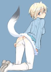 Rule 34 | 10s, 1girl, animal ears, ass, black pantyhose, blonde hair, blue background, blue eyes, boots, brave witches, clothes pull, nikka edvardine katajainen, pantyhose, pantyhose pull, shimada fumikane, solo, strike witches, tail, torn clothes, torn pantyhose, weasel ears, weasel tail, white pantyhose, world witches series