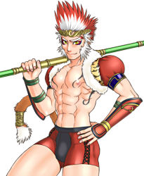 Rule 34 | 1boy, abs, belt, circlet, eyeliner, eyeshadow, fur trim, makeup, male focus, monkey tail, multicolored hair, muscular, musou orochi, nipples, pants, pectorals, red hair, simple background, solo, sun wukong, sun wukong (musou orochi), tagme, tail, tattoo, tokisige, two-tone hair, underwear, weapon, white background, white hair, yellow eyes