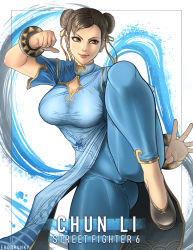Rule 34 | 1girl, artist name, blue pants, bow, bowtie, bracelet, breasts, brown eyes, brown hair, cameltoe, capcom, character name, china dress, chinese clothes, chun-li, cleavage, clenched hand, closed mouth, commentary, copyright name, double bun, dress, earrings, erodrunky, fighting stance, gold trim, hair bun, highres, jewelry, leg up, lips, medium breasts, pants, shoes, short sleeves, signature, simple background, skin tight, smile, street fighter, street fighter 6, white background