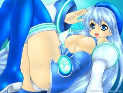 Rule 34 | 1girl, 7-tan, ass, blue eyes, blue hair, boots, breasts, detached sleeves, hat, large breasts, long hair, matching hair/eyes, os-tan, panties, salute, solo, thighhighs, underboob, underwear, win7, windows 7