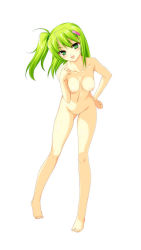 Rule 34 | 1girl, :d, barefoot, beatmania, beatmania iidx, blush, breasts, collarbone, feet, full body, green eyes, green hair, hair ornament, hairclip, hand on own hip, head tilt, highres, kinoshita ichi, kitami erika, knees, legs, long hair, looking at viewer, matching hair/eyes, navel, nipples, no pussy, nude, omitted bits, open mouth, pointing, side ponytail, simple background, smile, solo, standing, toes, white background