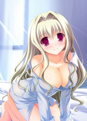 Rule 34 | 10s, 1girl, all fours, barefoot, bed sheet, blonde hair, breasts, cleavage, collarbone, da capo, da capo iii, covered erect nipples, highres, large breasts, long hair, naked shirt, red eyes, shirt, smile, solo, tsuda akira, window, yoshino charles