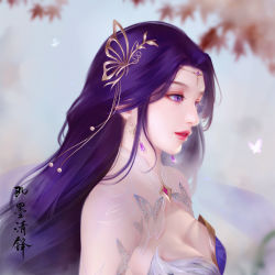 Rule 34 | 1girl, absurdres, blurry, blurry background, breasts, bug, butterfly, dress, earrings, from side, hair ornament, highres, insect, jewelry, jimo qingfeng, leaf, long hair, medium breasts, parted lips, purple dress, purple eyes, purple hair, see-through, solo, teeth, wanmei shijie, yun xi (wanmei shijie)