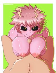 Rule 34 | 1boy, 1girl, absurdres, ashido mina, blush, boku no hero academia, grabbing another&#039;s breast, breasts, colored skin, completely nude, grabbing, grabbing own breast, highres, horns, large breasts, laundrymom, lying, nipples, nude, paizuri, penis, pink hair, pink skin, pov, short hair, smile