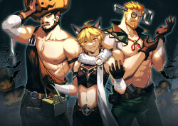 Rule 34 | 3boys, absurdres, adjusting clothes, adjusting gloves, aether (genshin impact), animal ears, apron, bandaged arm, bandages, bara, bare pectorals, beard, biceps, black eyes, black gloves, black hair, blacksmith, blonde hair, colored skin, cosplay, cross-laced slit, cyrus (genshin impact), facial hair, fake animal ears, feet out of frame, frankenstein&#039;s monster, frankenstein&#039;s monster (cosplay), genshin impact, gloves, green eyes, grey skin, halloween, halloween bucket, halloween costume, highres, homunculus, impaled, jack-o&#039;-lantern, large pectorals, male focus, mature male, multiple boys, muscular, muscular male, mustache, nipples, overalls, pants, pectorals, short hair, smile, stitches, stomach, sweat, wagner (genshin impact), waist apron, zhuganchangjiadan