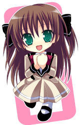 Rule 34 | 10s, 1girl, amatsuka haruka, baby princess, blush, bow, bowtie, brown dress, brown hair, chibi, dress, full body, green eyes, hair bow, kannon ouji, long hair, long sleeves, looking at viewer, mary janes, red bow, red bowtie, shoes, simple background, solo, standing, very long hair, white background