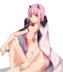 Rule 34 | 10s, 1girl, breasts, candy, cape, cleavage, collarbone, darling in the franxx, food, green eyes, hair censor, hair over breasts, hairband, hand on lap, holding, horns, lollipop, long hair, medium breasts, naked cape, navel, pink hair, shiny skin, simple background, sitting, solo, tongue, tongue out, very long hair, white background, white hairband, woumu, zero two (darling in the franxx)