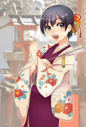 Rule 34 | 1girl, :d, absurdres, arrow (projectile), bad id, bad pixiv id, black hair, blurry, blush, depth of field, flat chest, floral print, hair ornament, halftone, halftone background, hamaya, highres, japanese clothes, kikumon, kimono, mugi (iccomae), omikuji, open mouth, original, purple eyes, short hair, side slit, smile, solo, standing, wide sleeves