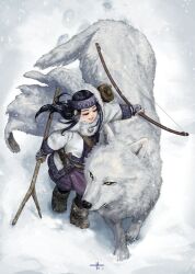 Rule 34 | 1girl, ainu, ainu clothes, animal, asirpa, black hair, boots, bow (weapon), cloak, commentary request, from above, full body, fur cloak, golden kamuy, hairband, hand on animal, headband, holding, holding bow (weapon), holding stick, holding weapon, long hair, mitsuya, purple hairband, sidelocks, signature, smile, snow, stick, weapon, wolf