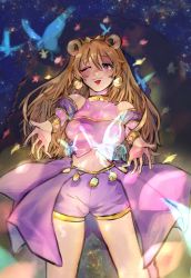 Rule 34 | 1girl, ;), absurdres, artist name, artist request, bare legs, blue butterfly, blue sky, blush, bracelet, breasts, brown hair, bug, butterfly, butterfly (love live!), choker, cleavage, clothing cutout, cloud, collarbone, cropped shirt, crown, detached sleeves, double bun, dress, dress shirt, earrings, female focus, gold bracelet, hair between eyes, hair bun, hair rings, harem outfit, highres, insect, jewelry, konoe kanata, long hair, looking at viewer, love live!, love live! nijigasaki high school idol club, love live! school idol festival, navel, night, night sky, one eye closed, outdoors, outstretched arms, parted lips, puffy short sleeves, puffy sleeves, purple eyes, purple shirt, purple shorts, shirt, short sleeves, shorts, shoulder cutout, sky, small breasts, smile, solo, sparkle, spread arms, star (sky), two side up, wink, yellow bracelet, yellow choker