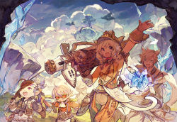 Rule 34 | 2girls, 3boys, :d, absurdres, ahoge, animal ears, warrior of light (ff14), basket, belt, black gloves, blue sky, bra, braid, breasts, brown gloves, brown pants, cannon, cat ears, cat tail, cloud, crystal, day, dot nose, facial mark, fangs, final fantasy, final fantasy xiv, fingerless gloves, floating island, gloves, goggles, goggles around neck, green eyes, grey bra, grin, hand up, heterochromia, highres, holding, holding basket, holding sword, holding weapon, holster, lalafell, long sleeves, looking at viewer, medium breasts, medium hair, miqo&#039;te, multiple boys, multiple girls, nail, open mouth, orange hair, outdoors, pants, pointy ears, pouch, purple eyes, rosette (yankaixuan), shoulder cannon, skin fangs, sky, smile, sweatdrop, sword, tail, teeth, twin braids, underwear, upper teeth only, visor cap, waving, weapon, whisker markings, white hair, wide sleeves
