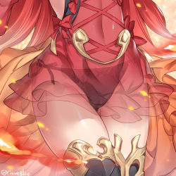 Rule 34 | 1girl, anthuria, backless dress, backless outfit, cameltoe, dress, erune, fire, granblue fantasy, navel, panties, see-through, shiny skin, side-tie panties, solo, thighhighs, thighs, torimaru, underwear