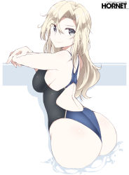 Rule 34 | 1girl, ass, blonde hair, character name, competition swimsuit, from behind, grey eyes, highleg, highleg swimsuit, hornet (kancolle), kantai collection, long hair, looking at viewer, looking back, one-piece swimsuit, shigino sohuzi, smile, soaking feet, solo, swimsuit, two-tone background, two-tone swimsuit, wading, water, white background