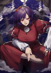 Rule 34 | 1girl, absurdres, breasts, commentary request, hair ornament, highres, indian style, large breasts, layered sleeves, leaf hair ornament, long sleeves, looking at viewer, maguri rei, mirror, mountain of faith, open mouth, outdoors, purple hair, red eyes, red shirt, red skirt, revision, shide, shirt, short hair, short over long sleeves, short sleeves, sitting, skirt, solo, touhou, yasaka kanako