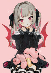 Rule 34 | 1girl, :3, :o, bare shoulders, black dress, black ribbon, blush, blush stickers, commentary request, dress, frills, gotou (nekocat), hair intakes, hair ribbon, hands up, heart, highres, lolita fashion, long hair, long sleeves, looking at viewer, makaino ririmu, multicolored hair, nijisanji, open mouth, pink background, pointy ears, red eyes, ribbon, sitting, smile, solo, striped clothes, striped thighhighs, stuffed animal, stuffed rabbit, stuffed toy, thighhighs, translation request, virtual youtuber