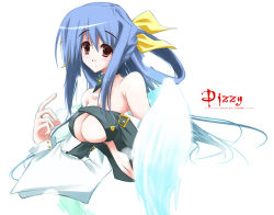 Rule 34 | 1girl, arc system works, asymmetrical wings, bare shoulders, blue hair, blush, bow, breasts, detached sleeves, dizzy (guilty gear), guilty gear, guilty gear x, guilty gear xx, hair bow, large breasts, long hair, midriff, navel, nt50, red eyes, ribbon, solo, underboob, wings