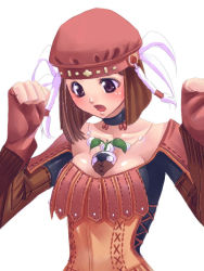 Rule 34 | 00s, 1girl, beastmaster (final fantasy), between breasts, blush, breasts, brown hair, choker, creature, cross, cross-laced clothes, final fantasy, final fantasy xi, fingerless gloves, gloves, hair ornament, hands up, hat, hume, jewelry, large breasts, leaf, long sleeves, looking down, mandragora (final fantasy), necklace, open mouth, red gloves, red hat, short hair, simple background, sketch, solo, stitches, surprised, tassel, tori, tori (torinchi), upper body, white background