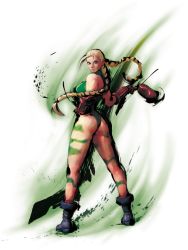 Rule 34 | 1girl, ass, beret, blonde hair, blue eyes, boots, braid, cammy white, capcom, contrapposto, fingerless gloves, full body, gloves, green leotard, hand on own hip, hat, highres, ikeno daigo, leotard, long hair, military hat, official art, red beret, solo, standing, street fighter, street fighter iv (series), twin braids, twirling hat