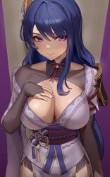 Rule 34 | 1girl, absurdres, breasts, bridal gauntlets, cleavage, closed mouth, genshin impact, hair ornament, hand on own chest, highres, japanese clothes, kimono, large breasts, long hair, long sleeves, looking at viewer, purple eyes, purple hair, purple kimono, raiden shogun, sash, shikube, solo, wide sleeves