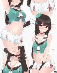 Rule 34 | 10s, 1girl, arm up, armpits, beret, between legs, black gloves, black hair, black neckwear, blouse, blush, breasts, chibi, choker, choukai (kancolle), cleavage, closed mouth, collarbone, glasses, gloves, green shirt, hand between legs, hat, headgear, highres, kantai collection, kneeling, long hair, looking at viewer, medium breasts, midriff, mini hat, multiple views, navel, pleated skirt, red eyes, remodel (kantai collection), searchlight, shirt, simple background, skirt, sleeveless, sleeveless shirt, smile, standing, white background, white skirt, yukichi (sukiyaki39)