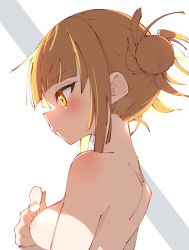 Rule 34 | 1girl, absurdres, blonde hair, blush, boku no hero academia, breasts, double bun, from side, grey background, hair bun, hand up, highres, looking away, medium breasts, messy hair, profile, rasusurasu, solo, toga himiko, two-tone background, upper body, white background, yellow eyes