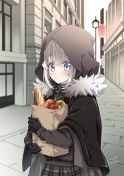 Rule 34 | 1girl, absurdres, bad id, bad pixiv id, bag, baguette, black gloves, blush, bread, brown skirt, building, chili-tomato (gekikaraya), commentary request, dated, fate (series), food, food request, fruit, fur trim, gloves, gray (fate), green eyes, grey hair, hair between eyes, highres, holding, holding bag, hood, hood up, lamppost, long sleeves, looking at viewer, lord el-melloi ii case files, mandarin orange, outdoors, paper bag, paprika, plaid, plaid skirt, short hair, signature, skirt, solo