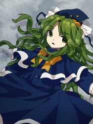 Rule 34 | 1girl, blue capelet, blue hat, blue jacket, blue skirt, capelet, commentary request, green eyes, green hair, grey background, hat, jacket, long hair, long sleeves, mima (touhou), neck ribbon, open mouth, retrochaossan, ribbon, skirt, solo, touhou, touhou (pc-98), wavy hair, white trim, yellow ribbon