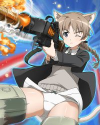 Rule 34 | aiming, animal ears, anti-materiel rifle, artist request, blue eyes, bow, bow panties, brown hair, cat ears, gluteal fold, hair ribbon, lynette bishop, official art, one eye closed, panties, ponytail, ribbon, solo, strike witches, striker unit, underwear, white panties, world witches series