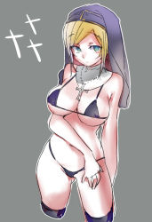 Rule 34 | 1girl, arutopian, bikini, black bikini, black thighhighs, blonde hair, breasts, closed mouth, commentary request, cowboy shot, cropped legs, cross, cross necklace, green eyes, habit, jewelry, large breasts, looking at viewer, necklace, priest (ragnarok online), ragnarok online, short hair, simple background, solo, swept bangs, swimsuit, thighhighs