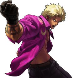 Rule 34 | 1boy, black gloves, blonde hair, blue eyes, earrings, gloves, highres, jewelry, king of fighters xiii, male focus, muscular, necklace, official art, ogura eisuke, open clothes, open shirt, shen woo, shirt, snk, solo, stud earrings, tan, tattoo, the king of fighters, the king of fighters xiii, transparent background