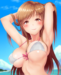 Rule 34 | 1girl, absurdres, armpits, arms up, bare arms, bare shoulders, bikini, blush, breasts, brown eyes, brown hair, bush, cleavage, closed mouth, collarbone, day, front-tie bikini top, front-tie top, hand on own head, highres, idolmaster, idolmaster cinderella girls, large breasts, long hair, looking at viewer, navel, nitta minami, outdoors, shiny skin, side-tie bikini bottom, side-tie bottom, skindentation, smile, solo, standing, stomach, swimsuit, taka (takahirokun), tareme, upper body, white bikini