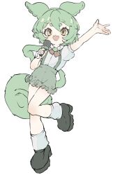 Rule 34 | 1girl, :3, arm up, black footwear, blush, brooch, fang, frilled shorts, frills, full body, green hair, green shorts, green suspenders, hair between eyes, highres, holding, holding microphone, inkopico, jewelry, long hair, looking at viewer, low ponytail, microphone, neck ribbon, open mouth, pink ribbon, ponytail, puffy short sleeves, puffy sleeves, ribbon, shoes, short eyebrows, short shorts, short sleeves, shorts, skin fang, smile, socks, solo, standing, standing on one leg, suspender shorts, suspenders, very long hair, voicevox, yellow eyes, zundamon