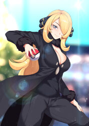Rule 34 | 1girl, black coat, black pants, black shirt, blonde hair, blurry, blurry background, breasts, cleavage, closed mouth, coat, creatures (company), cynthia (pokemon), fur collar, game freak, grey eyes, hair ornament, hair over one eye, haryudanto, highres, holding, holding poke ball, large breasts, lens flare, long hair, looking at viewer, nintendo, pants, poke ball, poke ball (basic), pokemon, pokemon dppt, shirt, smile, solo, very long hair