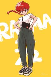 Rule 34 | 1girl, alternate costume, breasts, character name, earrings, english text, full body, jewelry, medium breasts, norixio, pig, ranma-chan, ranma 1/2, red eyes, red hair, simple background, smile, solo, standing, twitter username, yellow background