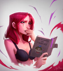 Rule 34 | 1girl, absurdres, angelmoonlight, bare arms, bare shoulders, black bra, book, bra, collarbone, crop top, grey background, highres, holding, holding book, katarina (league of legends), league of legends, long hair, open book, reading, red background, red hair, scar, scar across eye, solo, tears, teemo, underwear, upper body