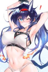 Rule 34 | !, 1girl, :3, animal ears, arknights, armpits, arms up, black gloves, blaze (arknights), blue background, blue eyes, blue hair, blush, bra, breasts, cat ears, cat girl, cat tail, cleavage, closed mouth, commentary, covered erect nipples, cowboy shot, eyelashes, fang, fingerless gloves, fire, gloves, gradient background, groin, hair between eyes, hairband, hand in own hair, highres, kaguura (kagu), large breasts, long hair, looking at viewer, navel, one eye closed, panties, partially undressed, ribs, see-through, sideboob, simple background, single hair intake, smile, solo, sports bra, steaming body, stomach, stretching, sweat, tail, underwear, wet, wet clothes, white background, white bra, white panties