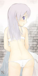Rule 34 | 00s, 1girl, ass, blue eyes, blush, bra, brick, eila ilmatar juutilainen, from behind, hanyu, lingerie, long hair, long image, looking back, panties, purple hair, signature, solo, strike witches, string panties, tall image, trefoil, underwear, underwear only, world witches series