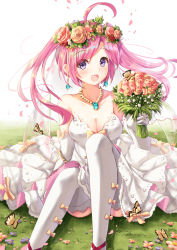 Rule 34 | 1girl, :d, absurdres, ahoge, animal, arm support, azur lane, bare shoulders, blush, bouquet, breasts, brown flower, brown rose, bug, butterfly, cleavage, collarbone, commentary request, dress, earrings, elbow gloves, flower, gloves, grass, hair between eyes, head flag, highres, holding, holding bouquet, holmemee, insect, jewelry, lace, lace-trimmed legwear, lace trim, long hair, medium breasts, on grass, open mouth, pantyhose, pendant, pink hair, purple eyes, purple flower, red flower, red rose, ring, rose, saratoga (azur lane), sitting, smile, solo, strapless, strapless dress, thighhighs, twintails, very long hair, wedding band, wedding dress, white background, white dress, white gloves, white pantyhose, white thighhighs
