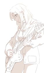 Rule 34 | 1girl, absurdres, closed mouth, commentary request, cowboy shot, drawstring, earclip, electric guitar, girls band cry, greyscale, guitar, hariyaa, highres, hood, hoodie, instrument, jacket, kawaragi momoka, long hair, long sleeves, monochrome, playing guitar, smile, solo