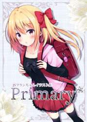 Rule 34 | 1girl, :o, alternate costume, backpack, bag, black shirt, black thighhighs, blonde hair, blue background, blue bow, blush, bow, casual, collarbone, commentary request, contemporary, crime prevention buzzer, crystal, feet out of frame, flandre scarlet, flower, hair between eyes, hair bow, highres, hood, hoodie, hyurasan, long sleeves, looking at viewer, miniskirt, parted lips, pink hoodie, pleated skirt, red bow, red eyes, red skirt, shirt, short hair, short sleeves, side ponytail, silhouette, skirt, sleeves past wrists, solo, standing, thighhighs, thighs, touhou, translated, white flower, wings, zettai ryouiki