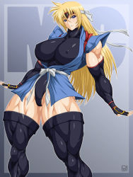 Rule 34 | blonde hair, blue eyes, breasts, headband, highres, looking at viewer, muscular, ren (tainca2000), thick thighs, thighs