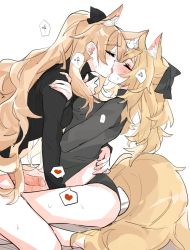 Rule 34 | 2girls, animal ear fluff, animal ears, arknights, aunt and niece, black panties, black sweater, blemishine (arknights), blush, closed eyes, erection, extra ears, futa with female, futanari, heart, horse ears, horse girl, horse tail, implied fingering, incest, long hair, long sleeves, multiple girls, panties, penis, rekka, simple background, speech bubble, spoken heart, sweat, sweater, tail, thick eyebrows, uncensored, underwear, very long hair, whislash (arknights), white background