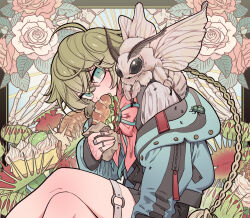 Rule 34 | 1other, ahoge, ant, blue eyes, blue jacket, bug, cake, cake slice, eating, feet out of frame, floral background, flower, food, green hair, hair between eyes, head tilt, highres, holding, holding food, insect, jacket, long braid, long hair, long sleeves, looking at viewer, meremero, moth, o-ring, o-ring thigh strap, off shoulder, original, other focus, oversized insect, pink flower, pink rose, plant, rose, sandwich, scarab, sitting, skeletal arm, solo, thigh strap, venus flytrap, white flower, white rose, yui (meremero)