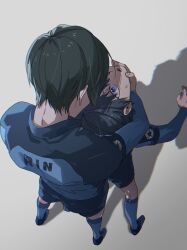 Rule 34 | 2boys, black footwear, black hair, blue eyes, blue lock, blue shirt, blue shorts, blue socks, blue tkse, character name, chromatic aberration, from above, full body, grabbing, grabbing from behind, grey background, hand on another&#039;s chin, highres, isagi yoichi, itoshi rin, long sleeves, looking at another, male focus, multiple boys, open mouth, shadow, shirt, shoes, short hair, shorts, simple background, soccer uniform, socks, sportswear, standing