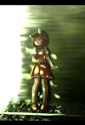 Rule 34 | 1girl, animal ears, brown hair, camera, cat ears, cat tail, chen, dappled sunlight, earrings, hair ornament, hairclip, highres, jewelry, kabu (yuyuibob), letterboxed, mary janes, multiple tails, red eyes, shoes, short hair, socks, solo, sunlight, tail, touhou, white socks