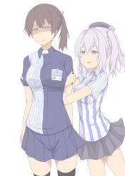 Rule 34 | 10s, 2girls, annoyed, arm grab, arm hug, bad id, bad nicoseiga id, blue eyes, brown hair, cowboy shot, employee uniform, highres, id card, jitome, kaga (kancolle), kantai collection, kashima (kancolle), kchair02 (k02-yan), lawson, looking at another, looking away, miniskirt, multiple girls, name tag, open mouth, pleated skirt, shaded face, shirt, short ponytail, short sleeves, side ponytail, silver hair, skirt, skirt set, smile, striped clothes, striped shirt, twintails, uniform, vertical-striped clothes, vertical-striped shirt, wavy hair, yellow eyes