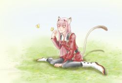 Rule 34 | 10s, 1girl, :3, animal ears, between legs, black pantyhose, boots, bug, butterfly, cat ears, cat tail, closed mouth, commentary request, darling in the franxx, closed eyes, grass, hairband, hand between legs, horns, insect, long hair, masaki (5115791), panties, pantyhose, paw pose, pink hair, red horns, sitting, solo, tail, underwear, uniform, wariza, white footwear, white hairband, zero two (darling in the franxx)