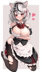 Rule 34 | 1girl, absurdres, animal ears, breasts, cat ears, clothes lift, frilled skirt, frills, grey background, highres, hololive, kirishe1101, kneeling, large breasts, maid, nail polish, nipples, pantyhose, red eyes, sakamata chloe, silver hair, simple background, skirt, skirt lift, solo, sweat, torn clothes, torn pantyhose, virtual youtuber